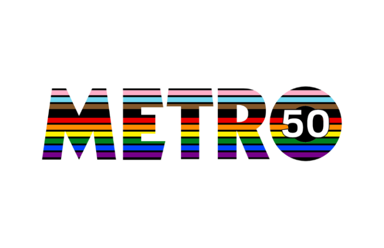 Metro News Colourful "METRO50" text in striped pattern, celebrating a milestone.