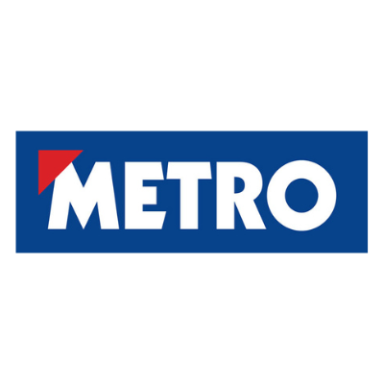 Metro logo featuring bold white text on a blue background with a red triangle.