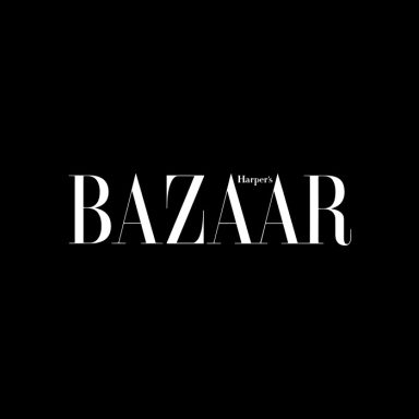 Logo for Harper's Bazaar in elegant white typography on a black background.