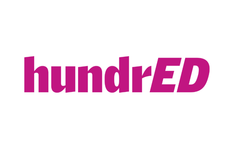 HundrED HundrED logo in bold pink letters on a white background.